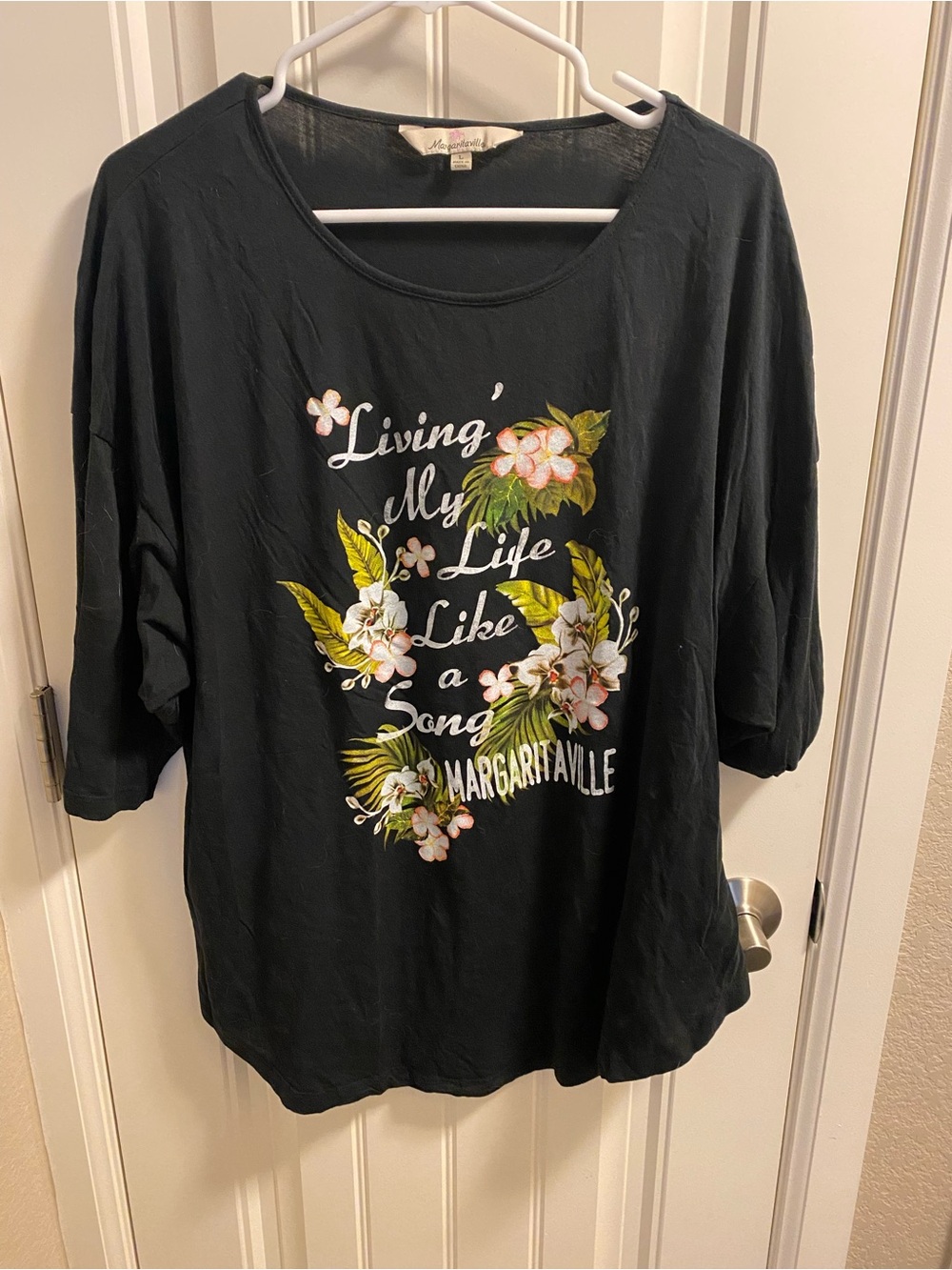 Margaritaville L Top Black Floral Oversized Shirt Living My Life Like A Song Lg